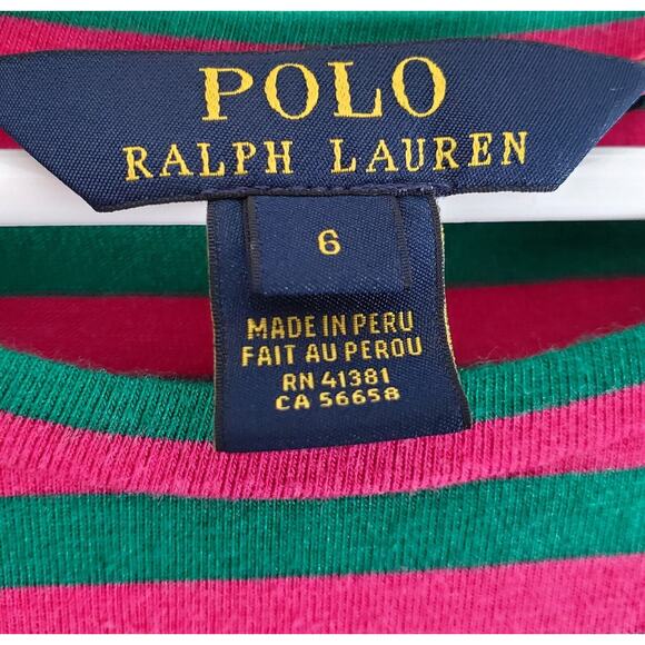 POLO RALPH LAUREN Girl's 6 Peplum Top Striped Green Pink Pony Logo Chest 24" - Picture 3 of 7